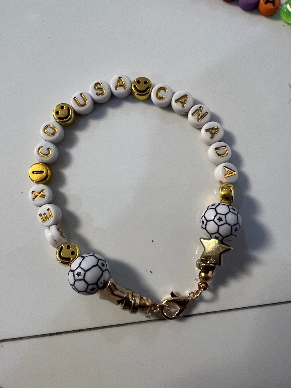 Personalized MEXICO USA CANADA' White & Gold Beaded Bracelet